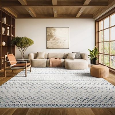 SAFAVIEH Area Rug 8x10 - Madison Collection - Large - Ivory & Navy, Moroccan Boho Distressed Design, Non-Shedding & Easy Cleaning, Ideal for Living Room, Bedroom, Office, Dining Space (MAD798E)