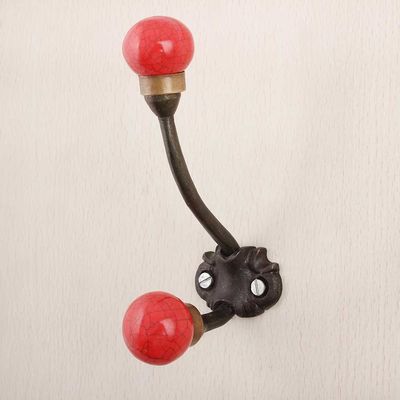 Indian Shelf Coat Wall Hooks | Red Hooks for Hanging Coats Wall Mount | Iron Coat Hook Wall Mounted | Solid Crackle Double Hooks [13.34 cm]