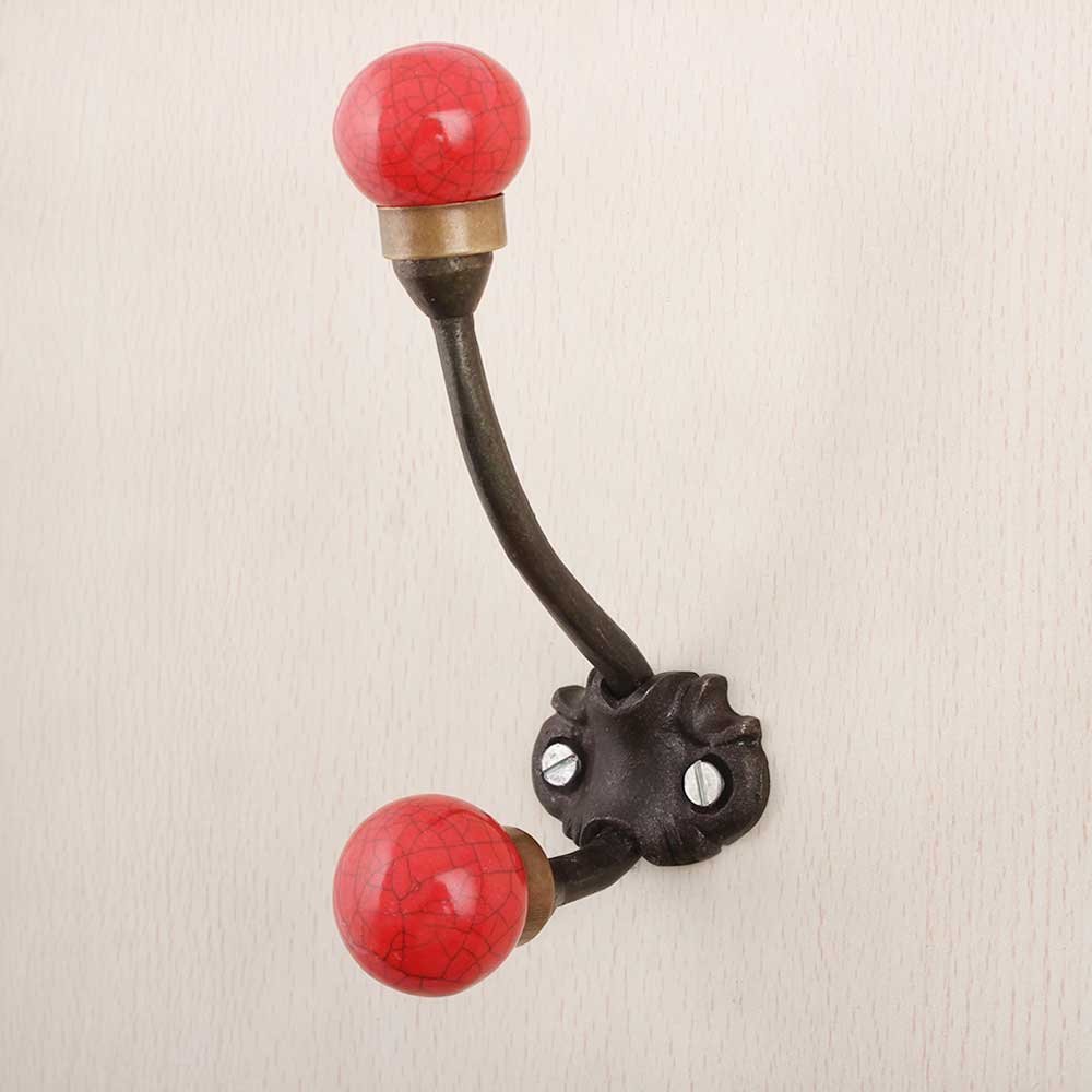 Indian Shelf Coat Wall Hooks | Red Hooks for Hanging Coats Wall Mount | Iron Coat Hook Wall Mounted | Solid Crackle Double Hooks [13.34 cm]
