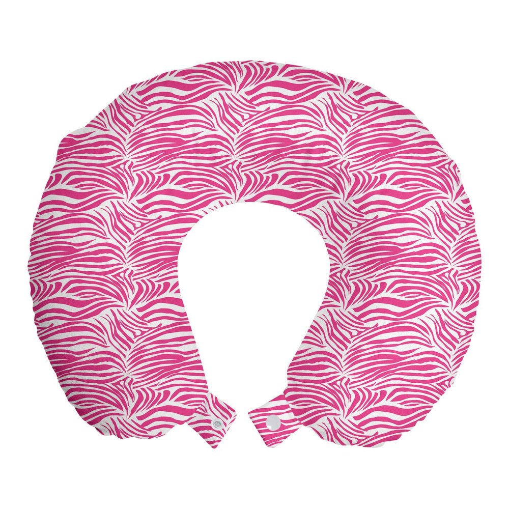 Ambesonne Zebra Print Travel Pillow Neck Rest, Striped Zebra Animal Skin Pattern in Vivid Color Fun Art Print, Memory Foam Traveling Accessory for Airplane and Car, 12", Pink Black