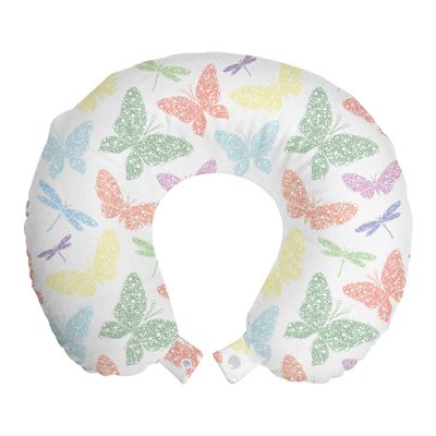 Ambesonne Dragonfly Travel Pillow Neck Rest, Colorful Different Sized Speckled Butterfly and Dragonfly Wings Image, Memory Foam Traveling Accessory for Airplane and Car, 12", Green Blue