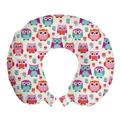Ambesonne Owls Travel Pillow Neck Rest, Owls Happy Childhood Hipster Modern Repeated Animals Pattern Illustration, Memory Foam Traveling Accessory for Airplane and Car, 12", Fuchsia Seafoam