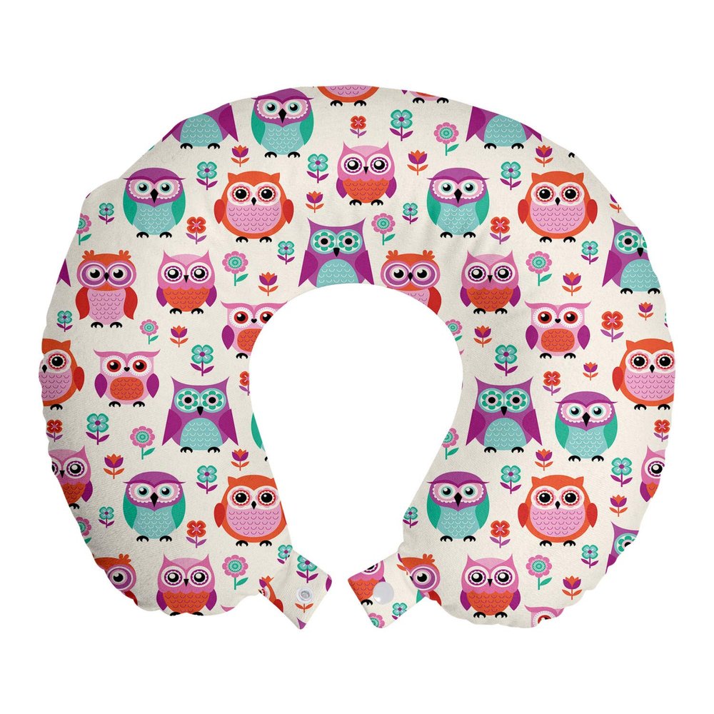 Ambesonne Owls Travel Pillow Neck Rest, Owls Happy Childhood Hipster Modern Repeated Animals Pattern Illustration, Memory Foam Traveling Accessory for Airplane and Car, 12", Fuchsia Seafoam