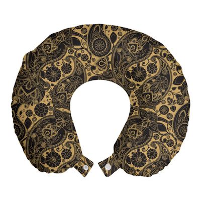 Ambesonne Ethnic Travel Pillow Neck Rest, Traditional Paisley Teardrop Cultural Twisted Leaves Ancient Art Print, Memory Foam Traveling Accessory for Airplane and Car, 12", Black Cream
