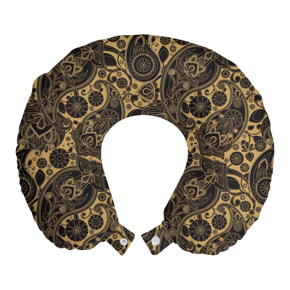Ambesonne Ethnic Travel Pillow Neck Rest, Traditional Paisley Teardrop Cultural Twisted Leaves Ancient Art Print, Memory Foam Traveling Accessory for Airplane and Car, 12", Black Cream