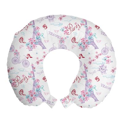 Ambesonne Romantic Travel Pillow Neck Rest, Vintage European Paris Eiffel Tower with Flowers Floral Swirls Art, Memory Foam Traveling Accessory for Airplane and Car, 12", Pale Blue Pink and White