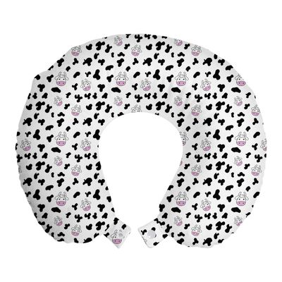 Ambesonne Cow Print Travel Pillow Neck Rest, Animal Cow Hide Pattern Doodle Cartoon Drawing Farming Husbandry, Memory Foam Traveling Accessory for Airplane and Car, 12", Black White Lilac