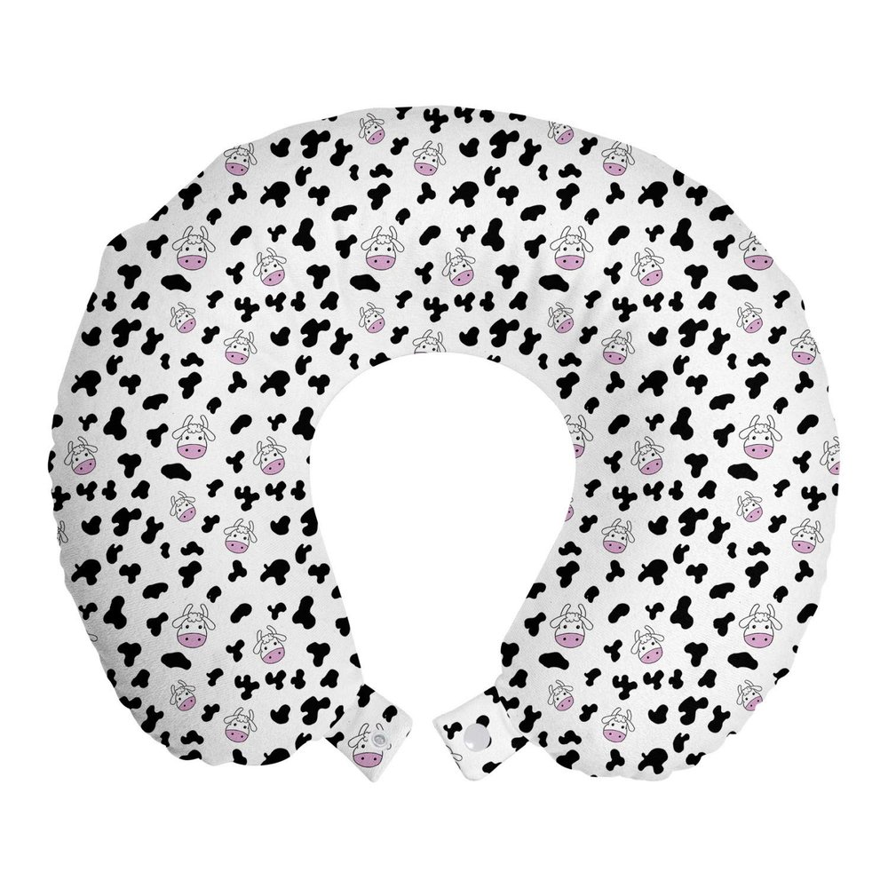 Ambesonne Cow Print Travel Pillow Neck Rest, Animal Cow Hide Pattern Doodle Cartoon Drawing Farming Husbandry, Memory Foam Traveling Accessory for Airplane and Car, 12", Black White Lilac