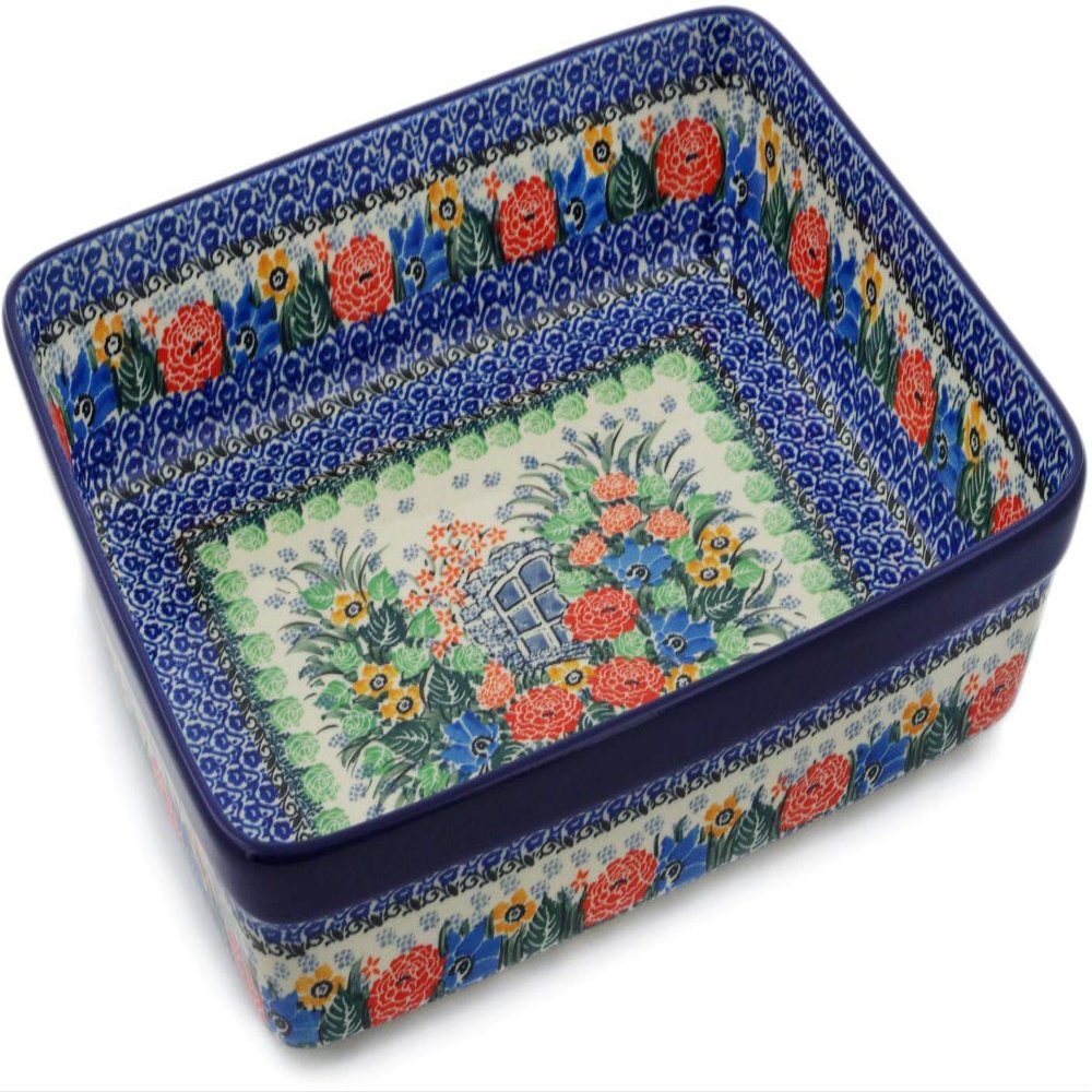 Polmedia Polish Pottery Rectangular Baker UNIKAT - Garden Dreams Pattern Handmade in Boleslawiec Poland by Ceramika Artystyczna + Certificate of Authenticity