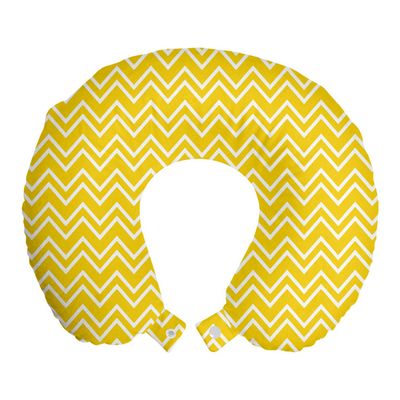Ambesonne Yellow Travel Pillow Neck Rest, Zig Zag Chevron Pattern in Yellow and White Colors Modern Inspired Art Print, Memory Foam Traveling Accessory for Airplane and Car, 12", Yellow and White