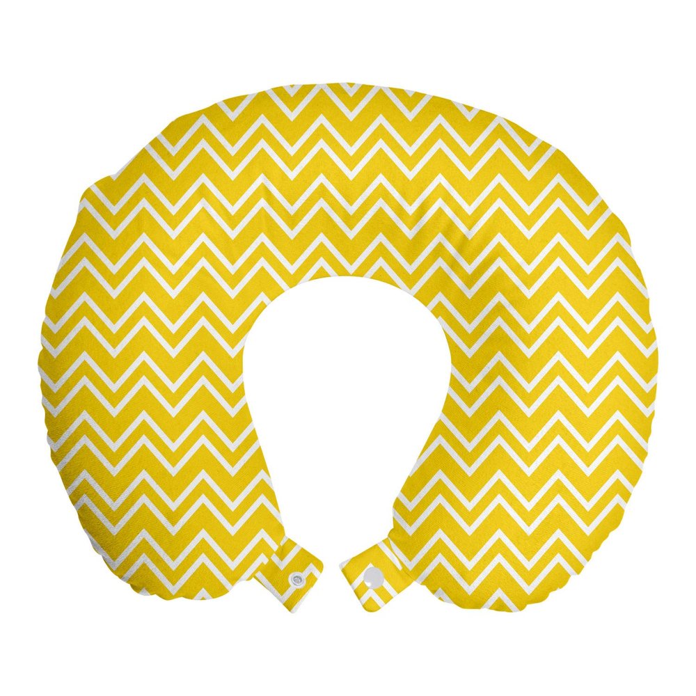 Ambesonne Yellow Travel Pillow Neck Rest, Zig Zag Chevron Pattern in Yellow and White Colors Modern Inspired Art Print, Memory Foam Traveling Accessory for Airplane and Car, 12", Yellow and White