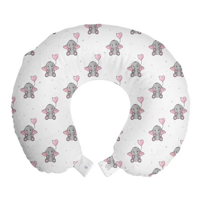 Ambesonne Animal Cartoon Travel Pillow Neck Rest, s Holding Heart Shaped Pink Balloons Girlish Design, Memory Foam Traveling Accessory for Airplane and Car, 12", Pink White