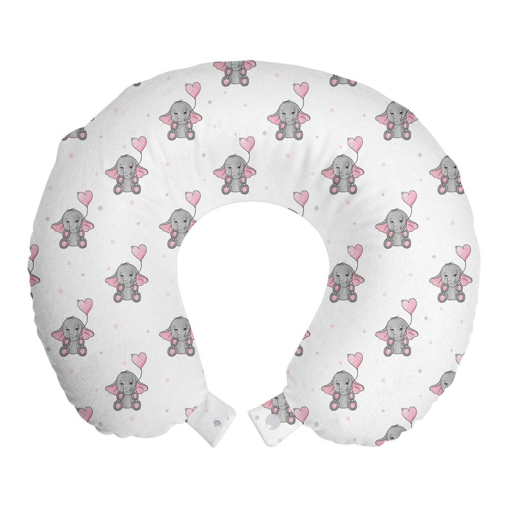 Ambesonne Animal Cartoon Travel Pillow Neck Rest, s Holding Heart Shaped Pink Balloons Girlish Design, Memory Foam Traveling Accessory for Airplane and Car, 12", Pink White