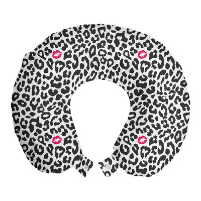 Ambesonne Savannah Travel Pillow Neck Rest, Leopard Cheetah Animal Print Kiss Shape Lipstick Mark Dotted Trend Art, Memory Foam Traveling Accessory for Airplane and Car, 12", Grey Pink