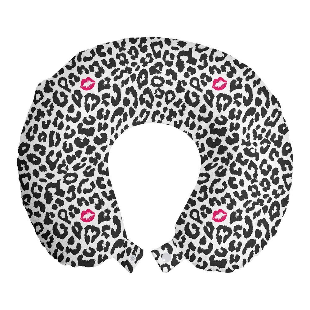 Ambesonne Savannah Travel Pillow Neck Rest, Leopard Cheetah Animal Print Kiss Shape Lipstick Mark Dotted Trend Art, Memory Foam Traveling Accessory for Airplane and Car, 12", Grey Pink