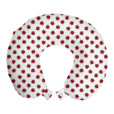 Ambesonne Ladybugs Travel Pillow Neck Rest, Ladybugs Pattern Bunch of Bugs Infinite Speckled Marked Insect Theme Playroom Kids, Memory Foam Traveling Accessory for Airplane and Car, 12", White and Red