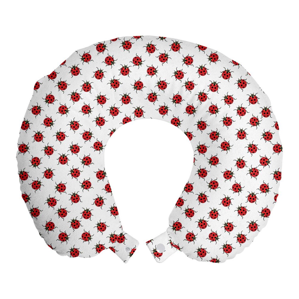 Ambesonne Ladybugs Travel Pillow Neck Rest, Ladybugs Pattern Bunch of Bugs Infinite Speckled Marked Insect Theme Playroom Kids, Memory Foam Traveling Accessory for Airplane and Car, 12", White and Red