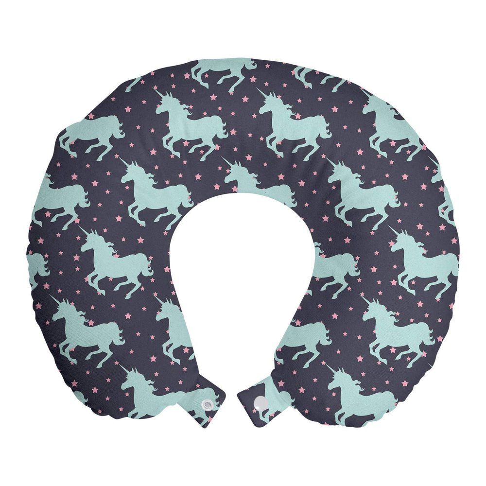 Ambesonne Unicorn Travel Pillow Neck Rest, Magic Horse Twinkle Little Spot Stars and Dark Background Art, Memory Foam Traveling Accessory for Airplane and Car, 12", Dark Blue and Pink