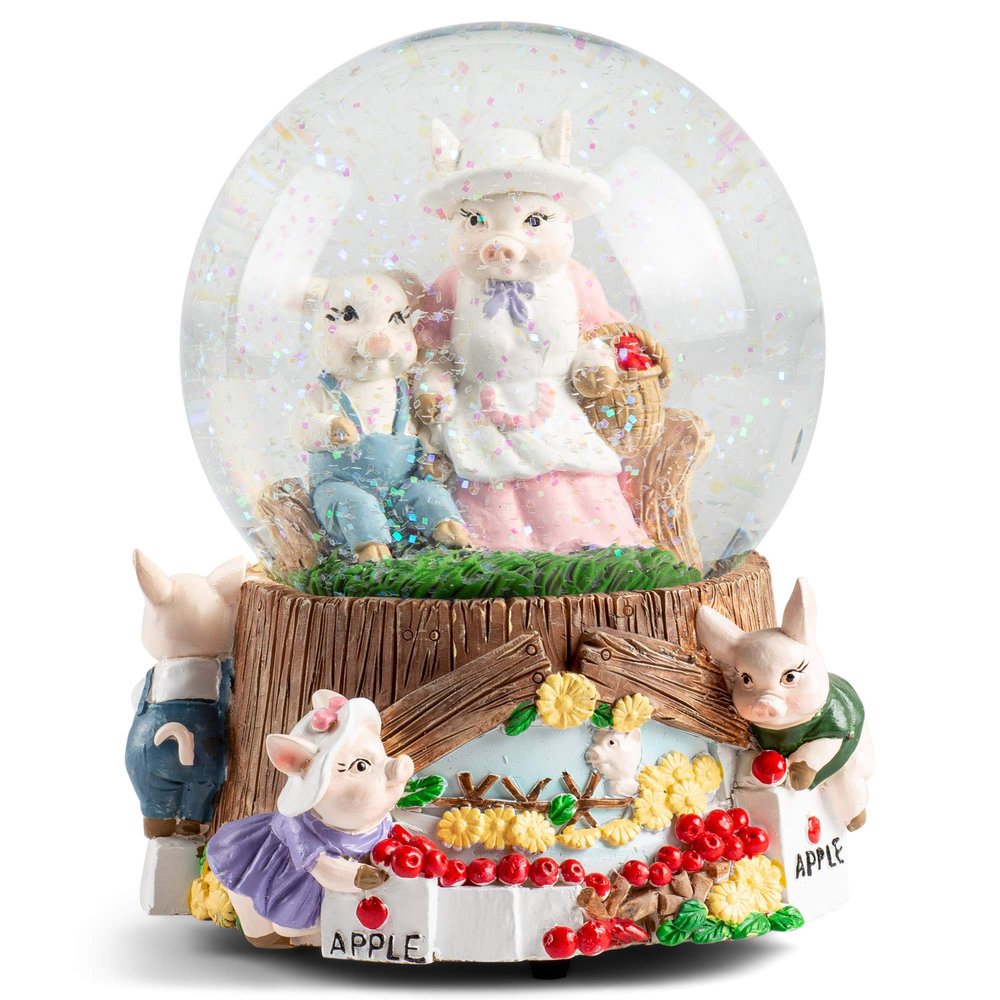 Elanze Designs Momma Pigs and Piglets Overalls Produce Stand Store Apples Mother Daughter Figurine 100MM Glitter Water Snow Globe Plays Tune Take Me Home, Country Roads