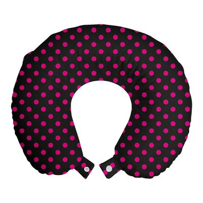 Ambesonne Hot Pink Travel Pillow Neck Rest, Old Fashioned Polka Dots Symmetrical Pattern in Vibrant Color Classical Pop, Memory Foam Traveling Accessory for Airplane and Car, 12", Black Hot Pink