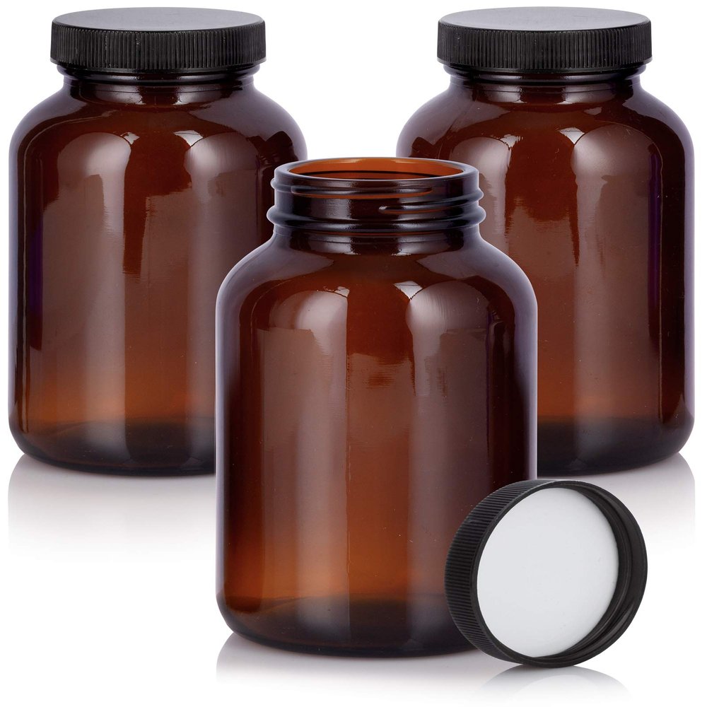 JUVITUS 8 oz Amber Glass Packer Bottle with Black Ribbed Lid (3 pack)