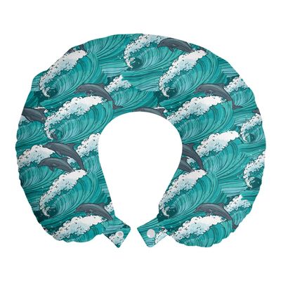 Ambesonne Sea Animals Travel Pillow Neck Rest, Wavy Ocean with Dolphins Windy Surfing Doodle Style Art Print, Memory Foam Traveling Accessory for Airplane and Car, 12", Charcoal