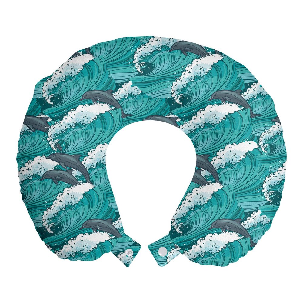 Ambesonne Sea Animals Travel Pillow Neck Rest, Wavy Ocean with Dolphins Windy Surfing Doodle Style Art Print, Memory Foam Traveling Accessory for Airplane and Car, 12", Charcoal