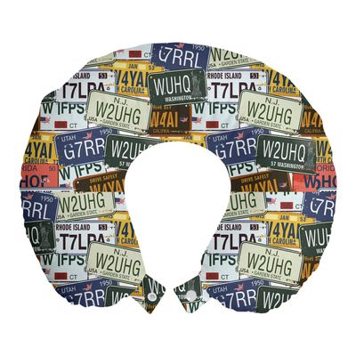 Ambesonne Vintage Travel Pillow Neck Rest, Original Retro Style License Plates Personalized Creative Travel Vacation, Memory Foam Traveling Accessory for Airplane and Car, 12", Green Blue Yellow