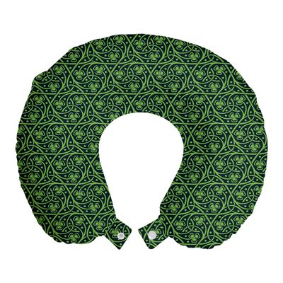 Ambesonne Irish Travel Pillow Neck Rest, National Foliage Pattern Intricate Twigs and Dots Trefoil Botanical Abstraction, Memory Foam Traveling Accessory for Airplane and Car, 12", Lime Green