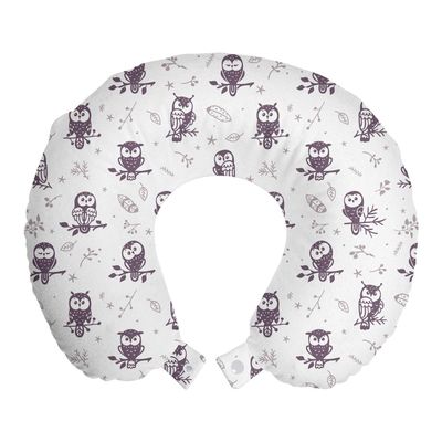 Ambesonne Owl Travel Pillow Neck Rest, Cartoon Style Illustration of Owls on The Branches Mysterious Woods Print, Memory Foam Traveling Accessory for Airplane and Car, 12", Eggplant White