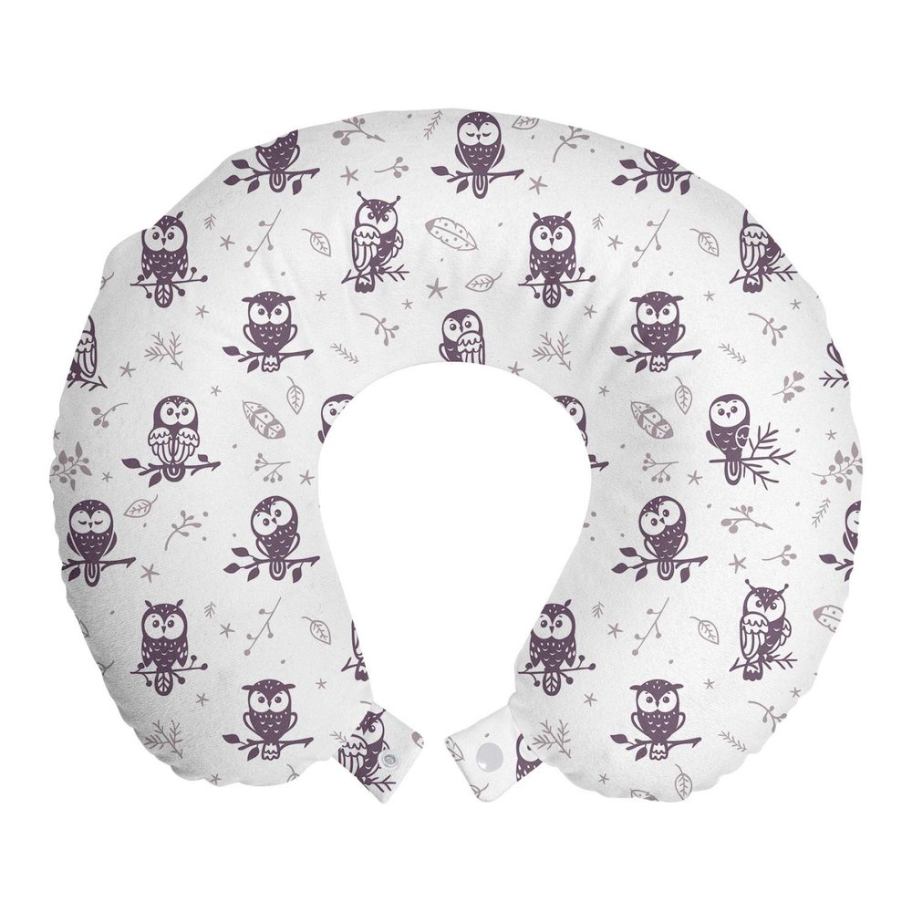 Ambesonne Owl Travel Pillow Neck Rest, Cartoon Style Illustration of Owls on The Branches Mysterious Woods Print, Memory Foam Traveling Accessory for Airplane and Car, 12", Eggplant White