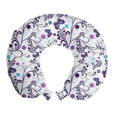 Ambesonne Floral Travel Pillow Neck Rest, Spring with Flying Inspirational Butterflies and Swirls Branches Design, Memory Foam Traveling Accessory for Airplane and Car, 12", Purple Blue