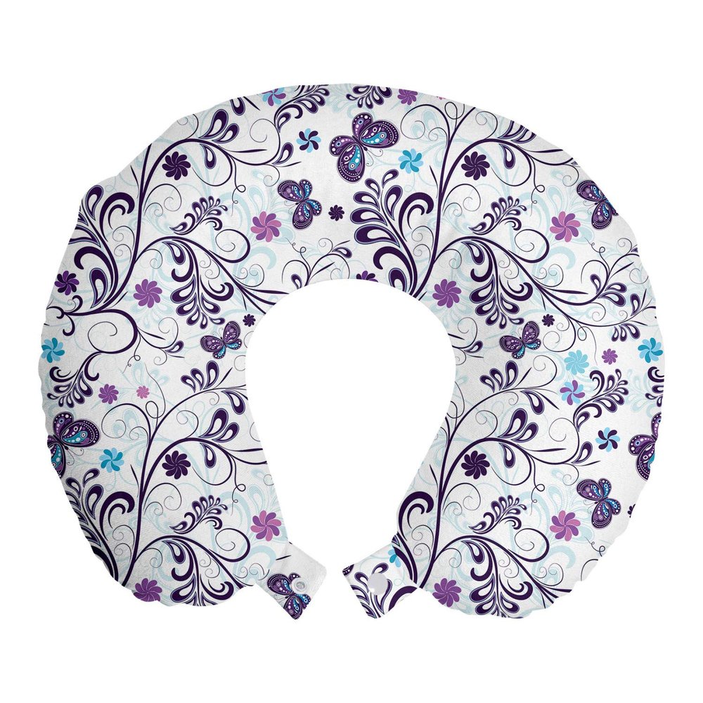 Ambesonne Floral Travel Pillow Neck Rest, Spring with Flying Inspirational Butterflies and Swirls Branches Design, Memory Foam Traveling Accessory for Airplane and Car, 12", Purple Blue