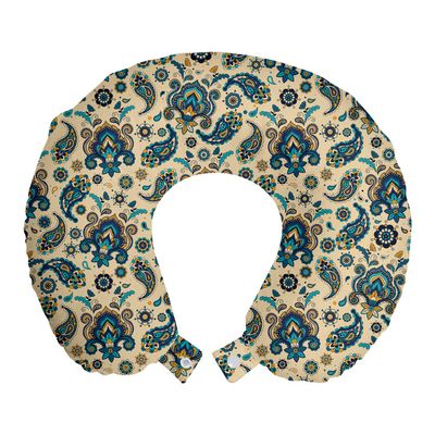 Ambesonne Paisley Travel Pillow Neck Rest, Colorful Vintage Floral Teardrop Oriental Paisley Retro Design, Memory Foam Traveling Accessory for Airplane and Car, 12", Yellow Blue Cream