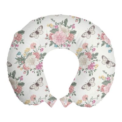 Ambesonne Shabby Flora Travel Pillow Neck Rest, Peonies Peas Roses Bouquet Butterflies Pastel Tones Bridal Theme, Memory Foam Traveling Accessory for Airplane and Car, 12", Pink Green