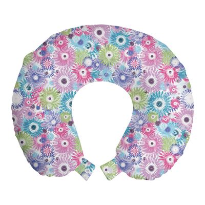 Ambesonne Floral Travel Pillow Neck Rest, Colorful Pastel Pattern with Flowers and Vintage Curls Ornate Style Gerbera Daisies, Memory Foam Traveling Accessory for Airplane and Car, 12", Purple Green