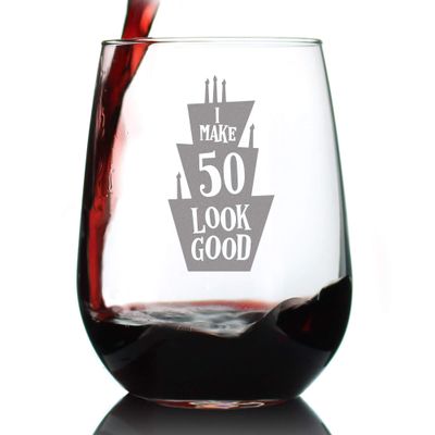 Bevvee Make 50 Look Good - Funny 50th Birthday Wine Glass for Women Turning 50 - Large 17 Oz - Bday Party Decorations