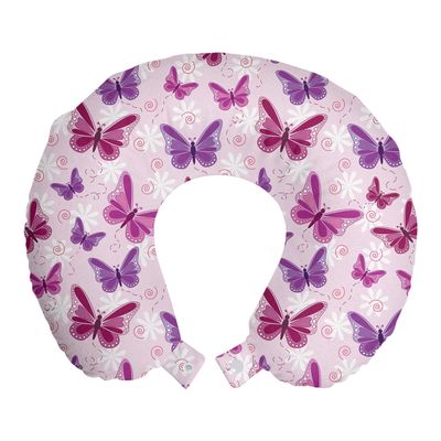 Ambesonne Butterfly Travel Pillow Neck Rest, Various Flying Butterflies Colors Hippie Style Print Design, Memory Foam Traveling Accessory for Airplane and Car, 12", Pink Purple