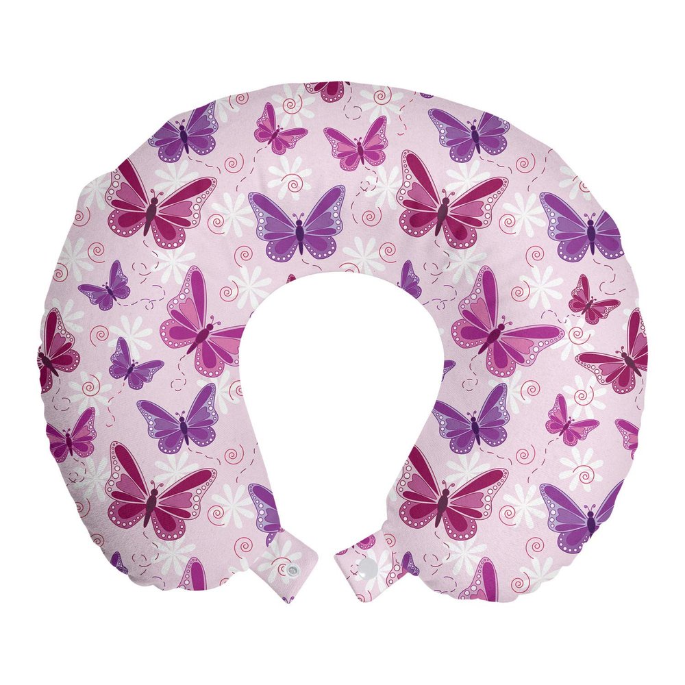 Ambesonne Butterfly Travel Pillow Neck Rest, Various Flying Butterflies Colors Hippie Style Print Design, Memory Foam Traveling Accessory for Airplane and Car, 12", Pink Purple
