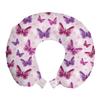 Ambesonne Butterfly Travel Pillow Neck Rest, Various Flying Butterflies Colors Hippie Style Print Design, Memory Foam Traveling Accessory for Airplane and Car, 12", Pink Purple view 1
