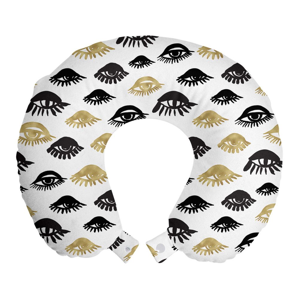 Ambesonne Trippy Travel Pillow Neck Rest, Woman Eyes with Eyelash Unusual Style Fashion Modern Design Print Graphic, Memory Foam Traveling Accessory for Airplane and Car, 12", Yellow Black