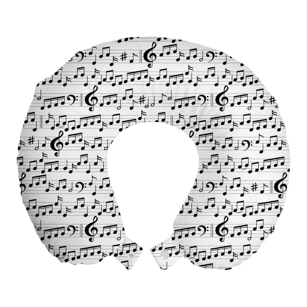 Ambesonne Music Travel Pillow Neck Rest, Abstract Style Professional Pattern Notes and Clef Sheet Play Writing Print, Memory Foam Traveling Accessory for Airplane and Car, 12", White Black
