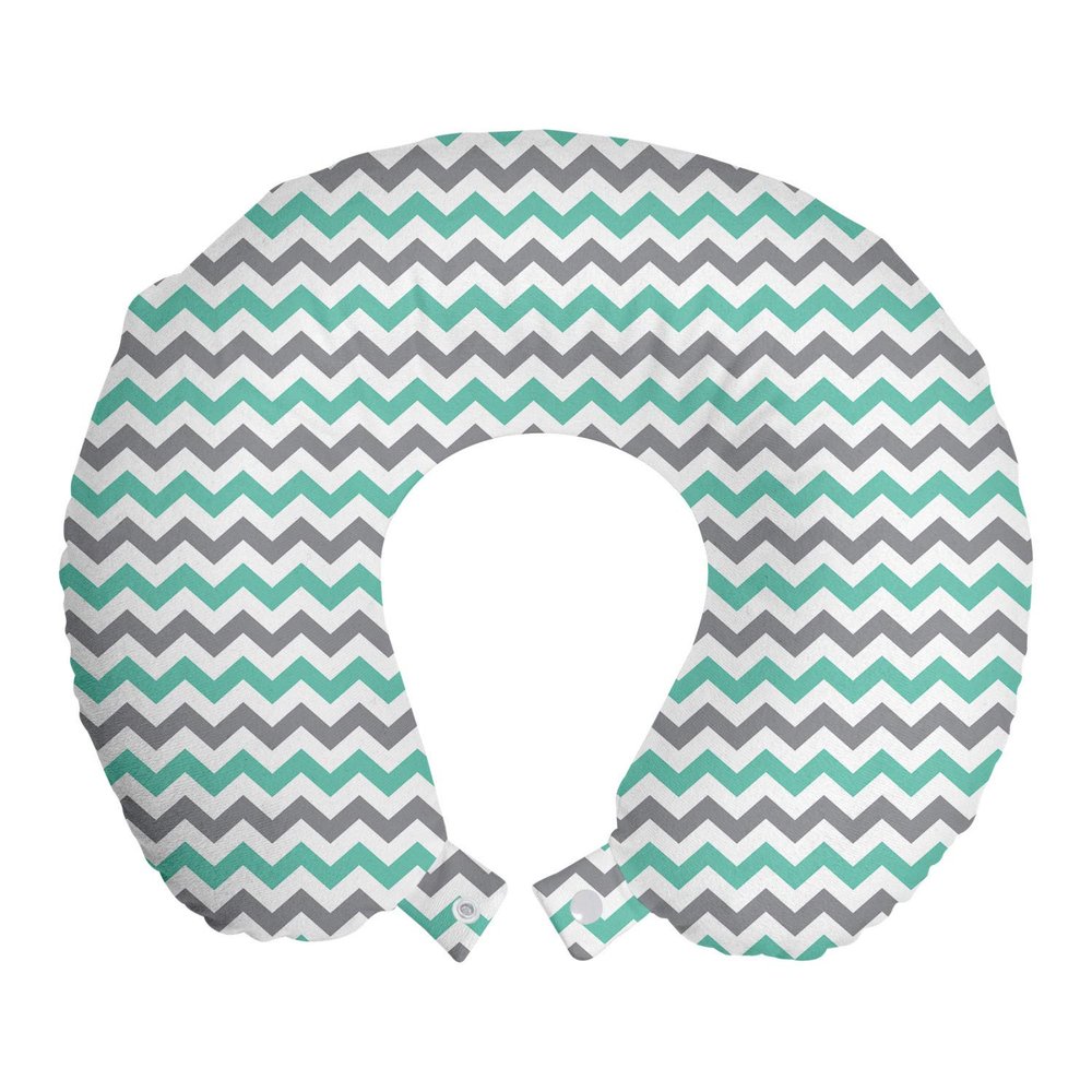 Ambesonne Chevron Travel Pillow Neck Rest, Chevron Pattern Geometric Wavy Zigzag Herringbone Stripes Illustration, Memory Foam Traveling Accessory for Airplane and Car, 12", Seafoam White