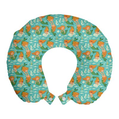 Ambesonne Underwater Travel Pillow Neck Rest, Nautical World Themed Pattern Mermaid Seahorse Fish Shells Cartoon, Memory Foam Traveling Accessory for Airplane and Car, 12", Turquoise Marigold Green
