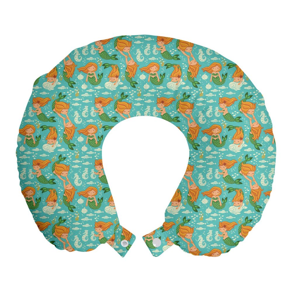 Ambesonne Underwater Travel Pillow Neck Rest, Nautical World Themed Pattern Mermaid Seahorse Fish Shells Cartoon, Memory Foam Traveling Accessory for Airplane and Car, 12", Turquoise Marigold Green