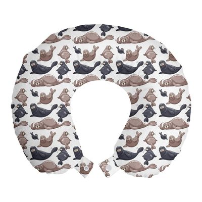 Ambesonne Sea Animals Travel Pillow Neck Rest, Seals Illustration Sea Lion Exotic Tropical Comic Graphic Wild Ocean, Memory Foam Traveling Accessory for Airplane and Car, 12", Cadet Blue Mauve