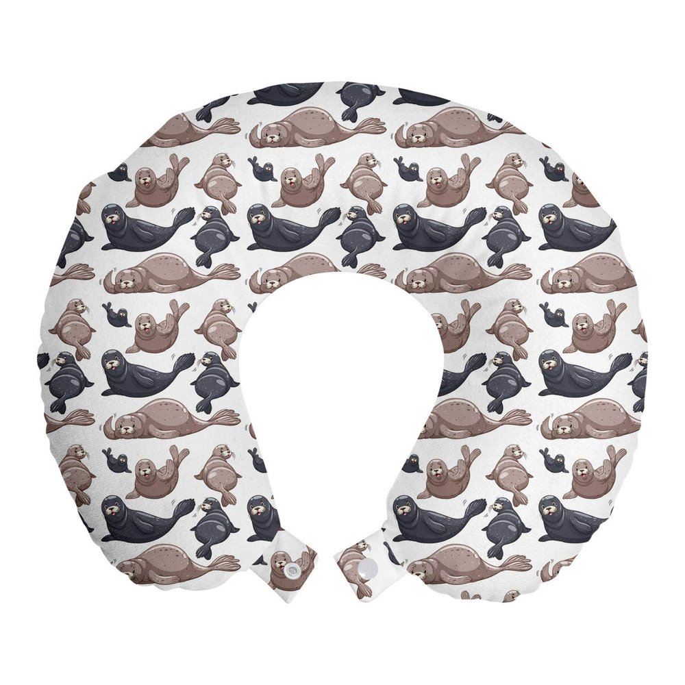 Ambesonne Sea Animals Travel Pillow Neck Rest, Seals Illustration Sea Lion Exotic Tropical Comic Graphic Wild Ocean, Memory Foam Traveling Accessory for Airplane and Car, 12", Cadet Blue Mauve
