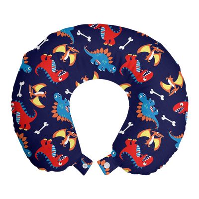 Ambesonne Dinosaur Travel Pillow Neck Rest, 3 Different Cartoon Dinosaurs Funny Expressions and Bones Theme, Memory Foam Traveling Accessory for Airplane and Car, 12", Navy Blue Orange Red