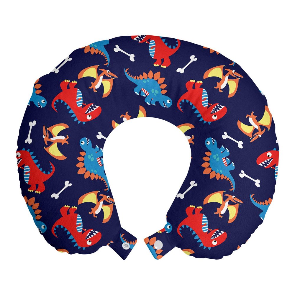 Ambesonne Dinosaur Travel Pillow Neck Rest, 3 Different Cartoon Dinosaurs Funny Expressions and Bones Theme, Memory Foam Traveling Accessory for Airplane and Car, 12", Navy Blue Orange Red