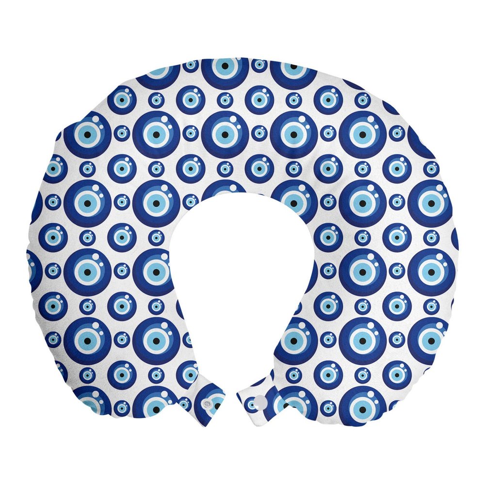 Ambesonne Evil Eye Travel Pillow Neck Rest, Symmetrical Pattern All Seeing Eye Superstitious Turkish Ethnic, Memory Foam Traveling Accessory for Airplane and Car, 12", White Blue